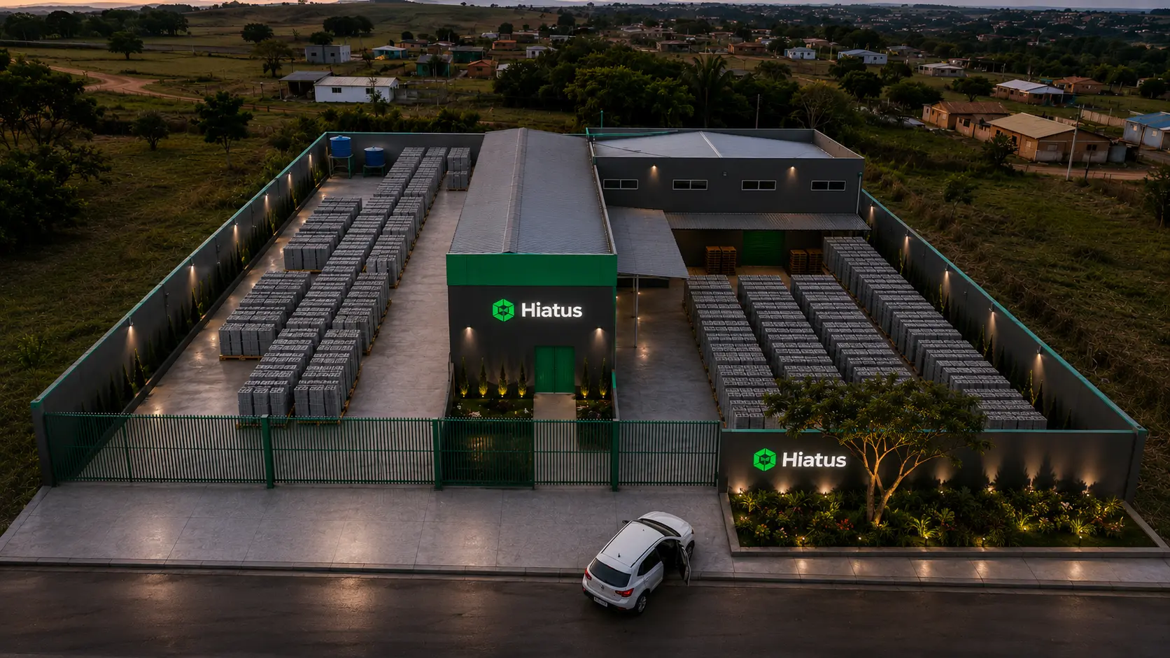 Fábrica da Hiatus Sistemas Construtivos ao anoitecer, com pallets de blocos organizados no pátio